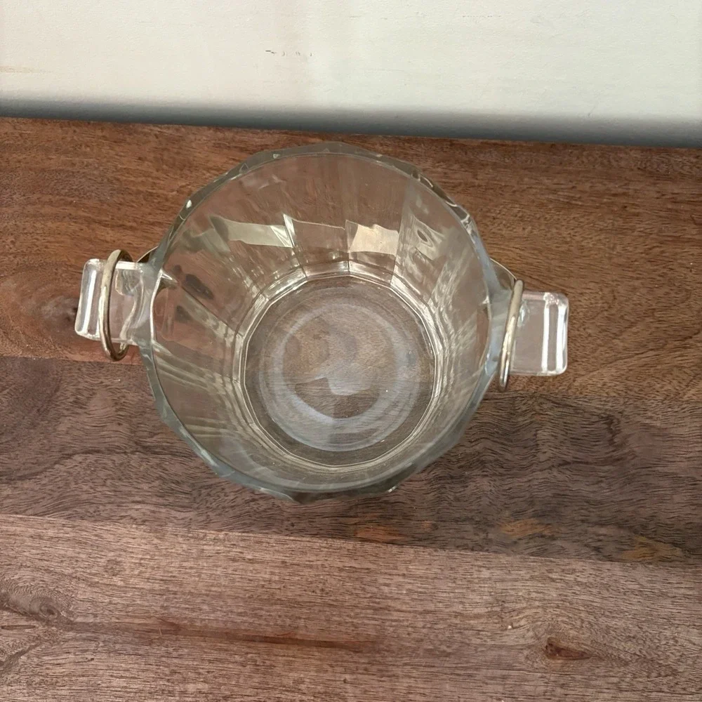 Vintage Faceted Glass Ice Bucket Handle Mid Century Heavy Paneled Barware Wine